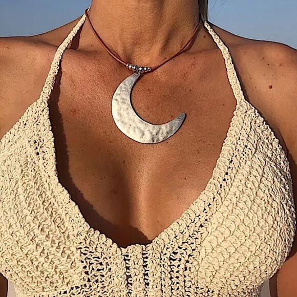 Boho Silver Moon Hammered Necklace Hippy Bohemian - Picture 2 of 6